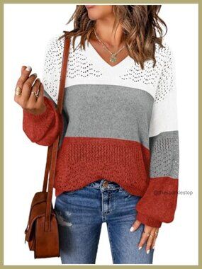 Women's Crochet Pointelle Pullover Sweater Lightweight V-Neck Puff Sleeve
